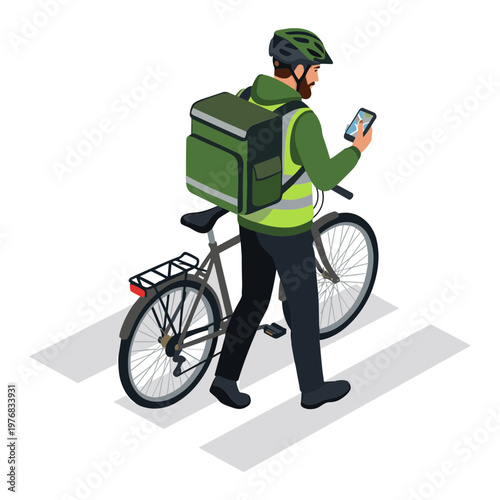 Delivery cyclist checks phone on bike at crosswalk stop