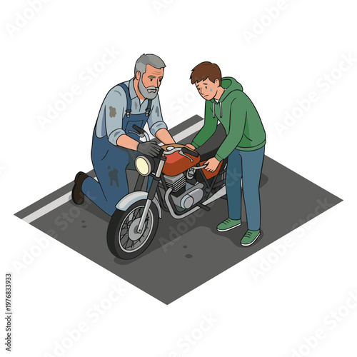 Mechanic and young man fixing motorcycle on roadside together.