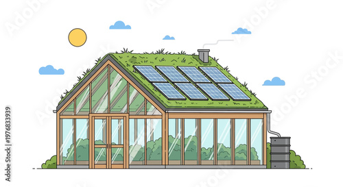 Eco friendly house with solar panels and green roof sustainable living concept with renewable energy