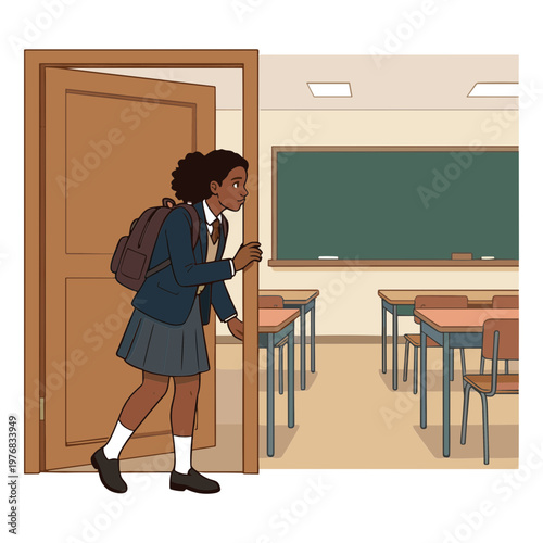 A young girl enters a classroom with desks and a blackboard.