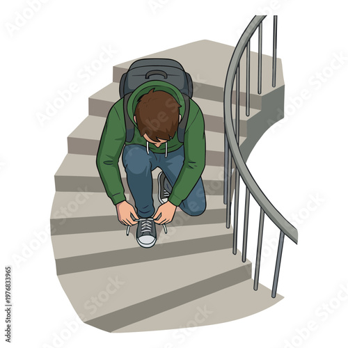 Person tying shoe on staircase with railing and backpack