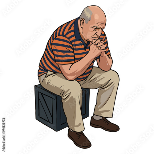 An elderly man sits on a box looking down with sadness