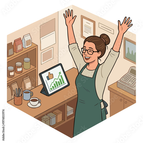 Woman celebrates business success with arms raised in office cubicle