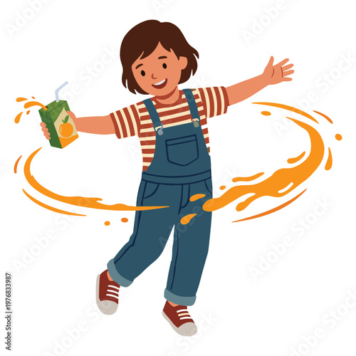 A young girl playfully dances with a juice box in her hand outdoors.