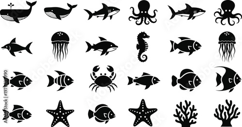 Collection of black silhouette of marine life and coral whale shark octopus jellyfish seahorse