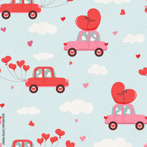 Pink and red cars with heart-shaped balloons. Seamless car pattern and hearts. Love.