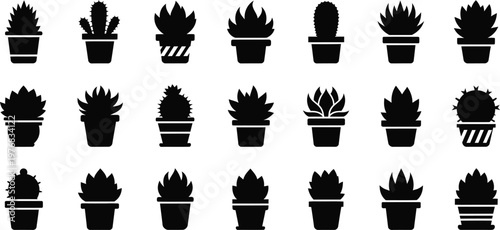 Collection of black silhouette potted succulent and cactus plant potted plant