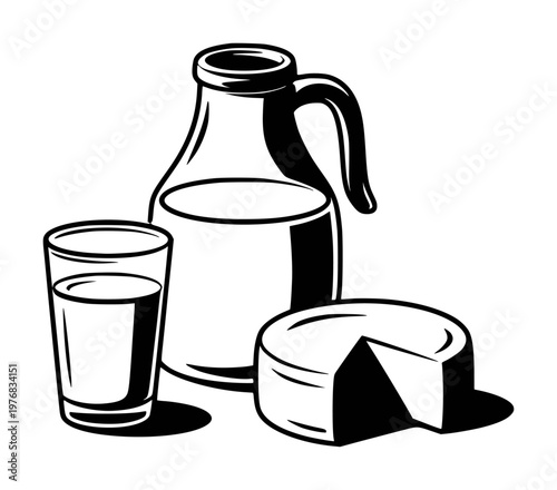 Black and white of milk jug glass of milk and cheese a white background dairy