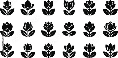 Collection of black stylized flower with leaves flower floral plant nature botanical leaf petal silhouette