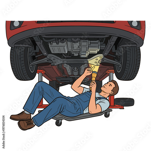 Mechanic lying under car using funnel for oil change in garage