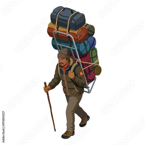 Man walking with heavily loaded backpack and trekking pole through mountains