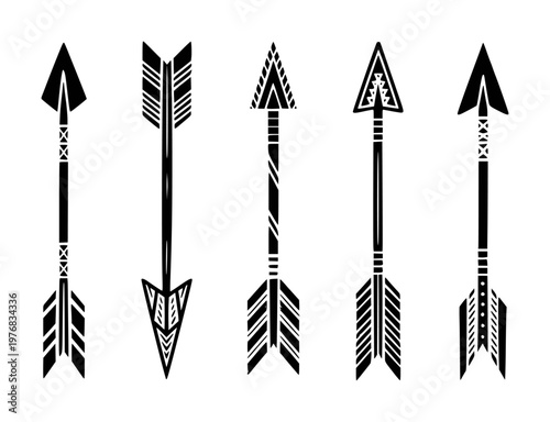 Black tribal arrows with geometric patterns a white background
