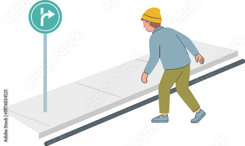 Man in yellow helmet walks on ramp with directional sign nearby