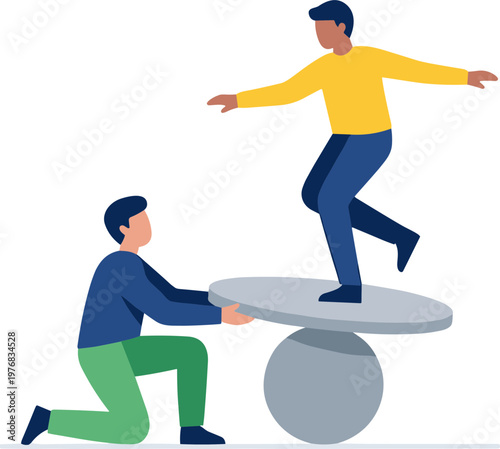 Man helps another man balance on a wobbly table outdoors