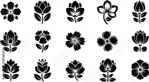 Collection of fifteen black stylized floral on white background flower symbol black and white silhouette