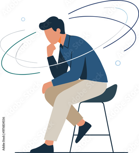 A man sits on a stool lost in thought with emotions swirling around him.
