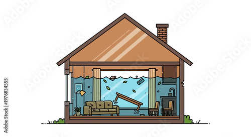 Flooded house interior with water damage and furniture submerged inside a partially destroyed home