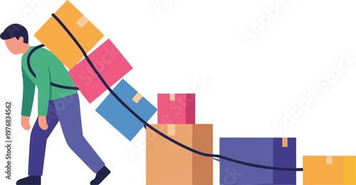 A man pulls a rope tied to colorful boxes on the ground outside.