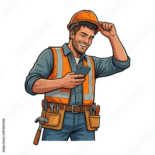 A smiling construction worker in an orange vest checks his phone while adjusting his hard hat outdoors.