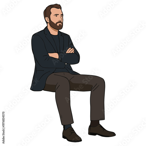 A man sits on an invisible surface with his arms crossed.