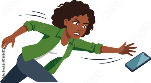 A woman is trying to catch her falling smartphone quickly outdoors.