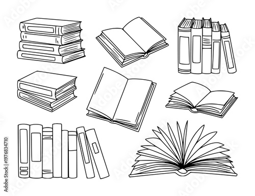 Collection of hand drawn open and closed books stacked and shelves in simple line style