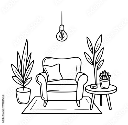 Cozy armchair with houseplants and hanging lightbulb in minimalist line style interior