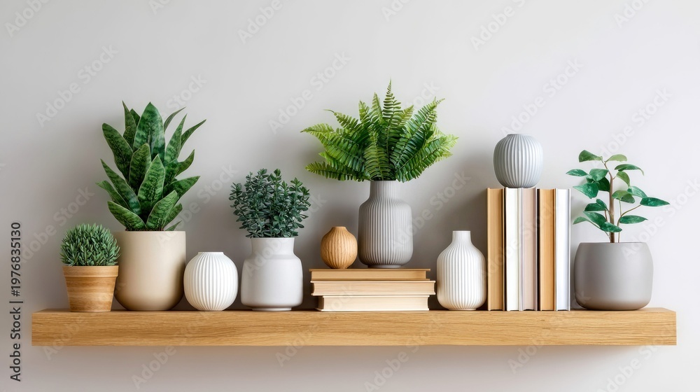 Obraz premium Various potted plants and decorative objects arranged on a wooden shelf