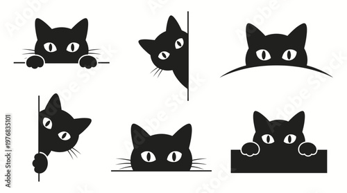 Collection of various peeking black cat silhouettes peeking from edges and corners on a white background, concept for website decoration, animal stickers and creative graphic design projects