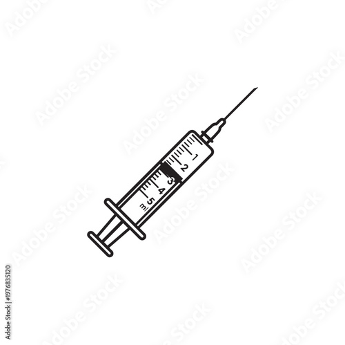 Medical Syringe With Needle Icon Simple Line Art.