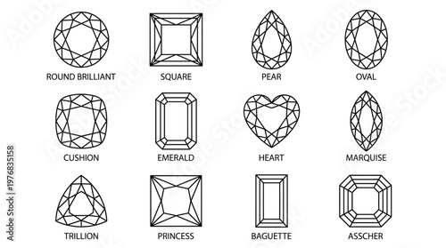 Set of twelve diamond and gemstone cut shape outlines including round, emerald, heart and pear on white background, concept for jewelry design catalog, gemology guide and professional appraisal