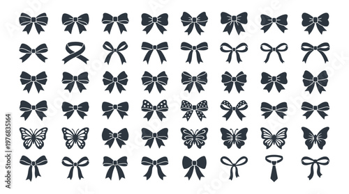 large set of black bow tie silhouettes and various decorative ribbon icons on white background, concept for gift packaging designs, fashion accessories and formal celebration invitations