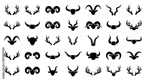 Silhouette icons of various animal heads including deer antlers, bull horns and ram heads on white background, concept for hunting club logo, wildlife illustration and graphic design projects