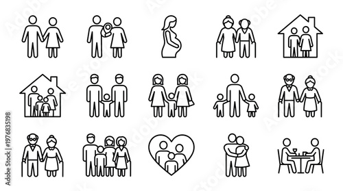 Professional line icon set of diverse family structures and life stages for human resources manager, concept for corporate benefit planning, life insurance marketing and estate strategy