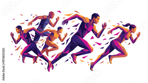 Group of CEOs and office managers sprinting in colorful geometric low poly art style on white, concept for corporate competition, executive leadership and fast business growth