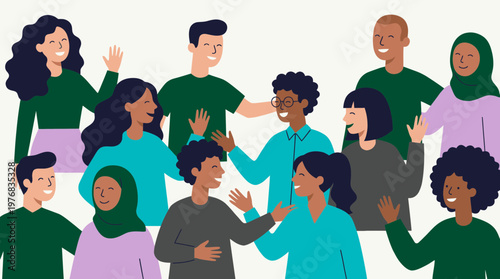 Multiracial group of office managers and creative team members talking and waving in flat vector illustration, concept for corporate networking, inclusive workplace diversity and community