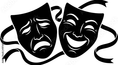 Black comedy and tragedy theater drama masks with swirling ribbons illustration on white background, concept for theatrical performance, acting school branding and stage play advertising