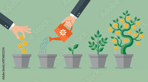 Hand of professional financial manager planting coins and watering money tree in pots showing growth stages, concept for long term investment, capital wealth accumulation and business growth