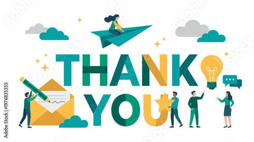 Diverse group of professional corporate employees celebrating around large thank you text with lightbulb and star symbols, concept for customer appreciation, business feedback and worker recognition