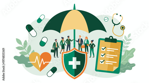 Diverse group of corporate executives and business managers standing under a large protective umbrella with medical icons, concept for employee health insurance, wellness and life protection