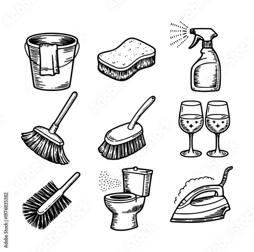 Hand Drawn Collection of Household Cleaning and Ironing Tools White Background bucket