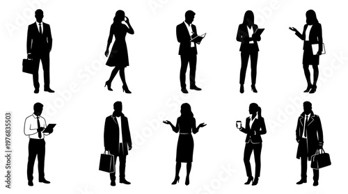 Business professional silhouettes of managers and executives standing in various working poses on white background, concept for corporate networking, recruitment and office team branding
