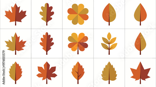 Collection of various autumn leaf icons in flat geometric style on white background, concept for seasonal graphic design, nature branding and fall decoration patterns
