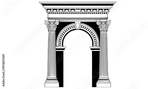 Elegant classical architectural arch with ornate corinthian columns and decorative stone entablature featuring vintage roman masonry design for historical luxury interior and exterior decor.