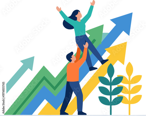 A woman celebrates success with arms raised as a man helps her up on colorful growing arrows with a plant, symbolizing business growth.