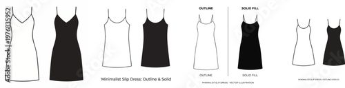 Collection of Minimalist vector illustration of a slip dress, presented in both outline and solid black fill. Features clean lines and a classic silhouette. Ideal for fashion blogs, e-commerce sites