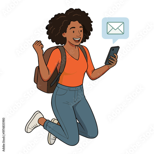 A smiling woman with curly hair jumps excitedly while reading a message on her phone.
