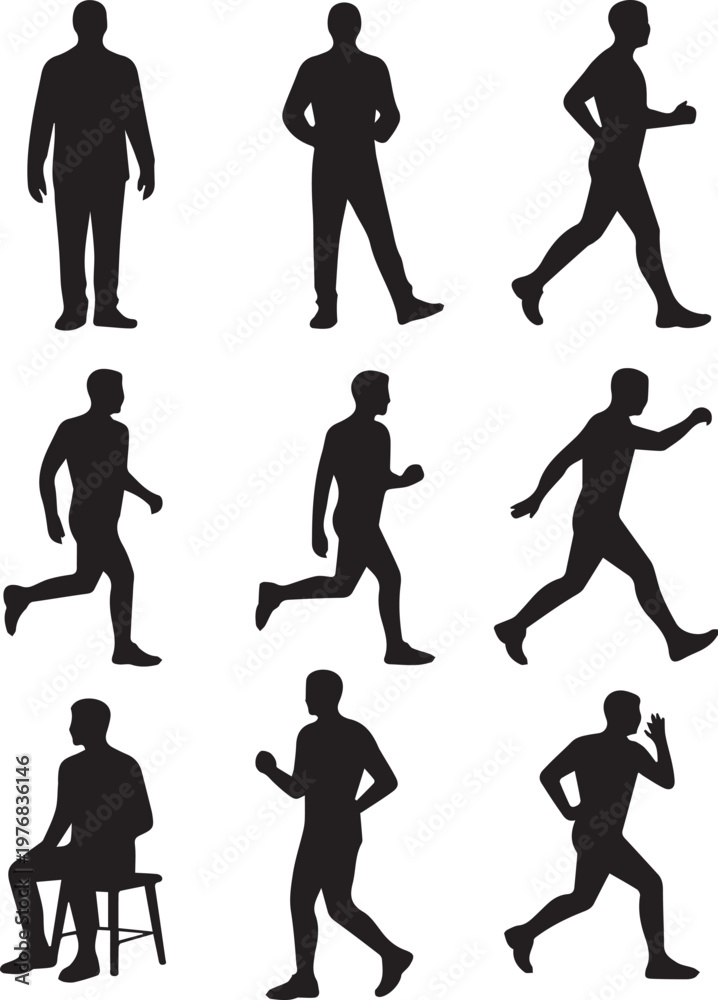 Obraz premium Collection of male figure silhouettes in different poses on transparent background.