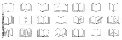 Book icons set. open book icon pictogram set. graphic projects. Open book icon set vector, line and outline book symbols collection, reading, education and library icons, minimal thin stroke design.