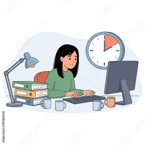A woman works at her desk with books, a computer, and clock.